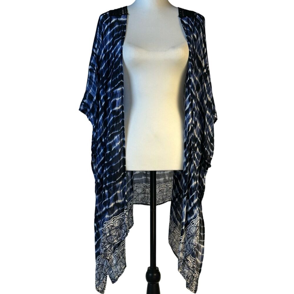 Charlie Paige Boho Crochet Back Kimono Women One Size Blue Black White Tie Dye